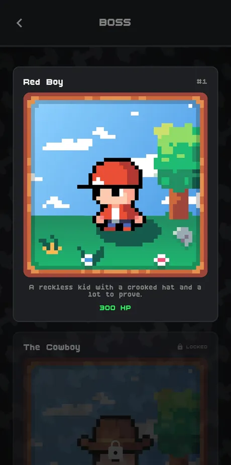 GymRPG boss select screen showing the Red Boy boss with 300 HP