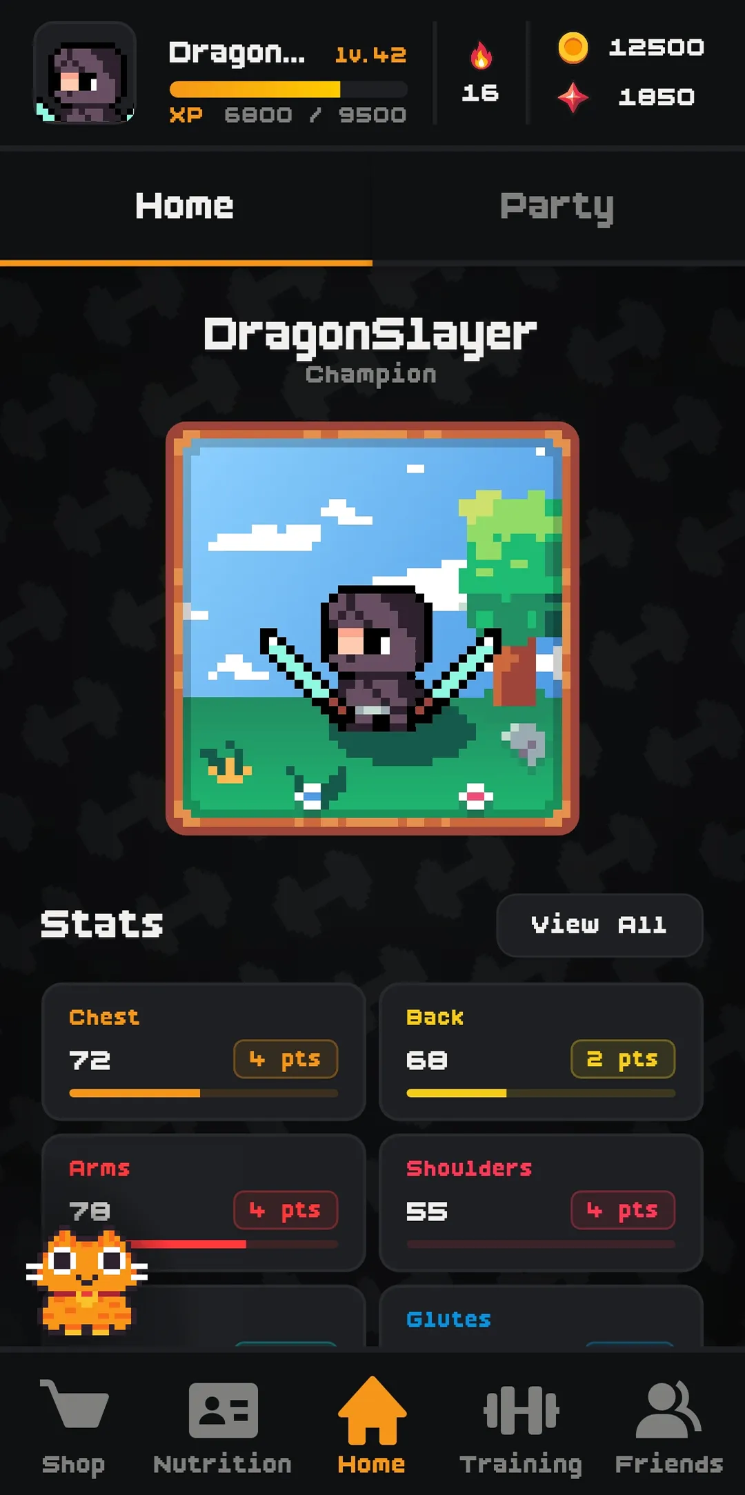 GymRPG home screen showing a character portrait and muscle stats