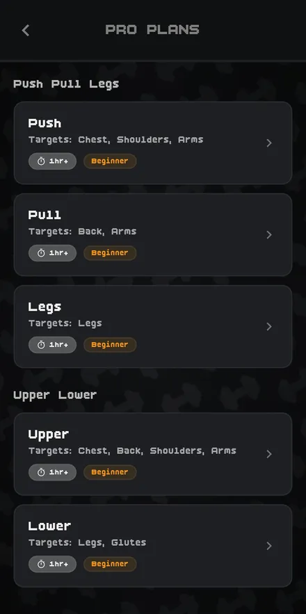 GymRPG plans screen with Push Pull Legs and Upper Lower plans