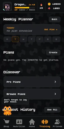 GYM RPG training screen logging sets and reps during a workout